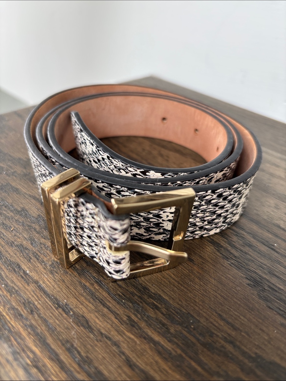 Ann Taylor faux snakeskin belt, leather, black/white, gold tone buckle, size M